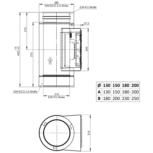 Edelstahlschornstein - Reinigungselement (bis 600°C/N1), eckige Öffnung 210x140 mm - doppelwandig - Jeremias DW-BLACK