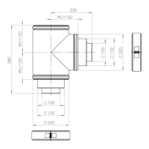 LAS-Schornstein - T-Stück Ø200/150/100 mm, isoliert - DRU LAS ES-E 200/150/100