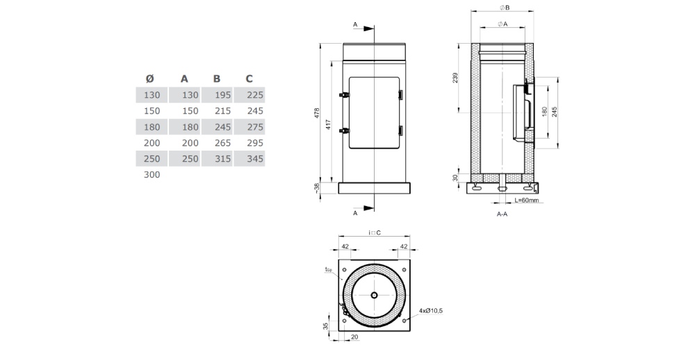 Edelstahlschornstein - Reinigungselement Design Plus mit integrierter Grundplatte und Kondensatablauf unten, nur für Innenbereich - doppelwandig - Jeremias DW-Vision