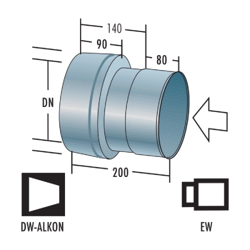 Edelstahlschornstein - Anschluss von EW-Muffe auf DW-Alkon - doppelwandig - Raab DW-Alkon