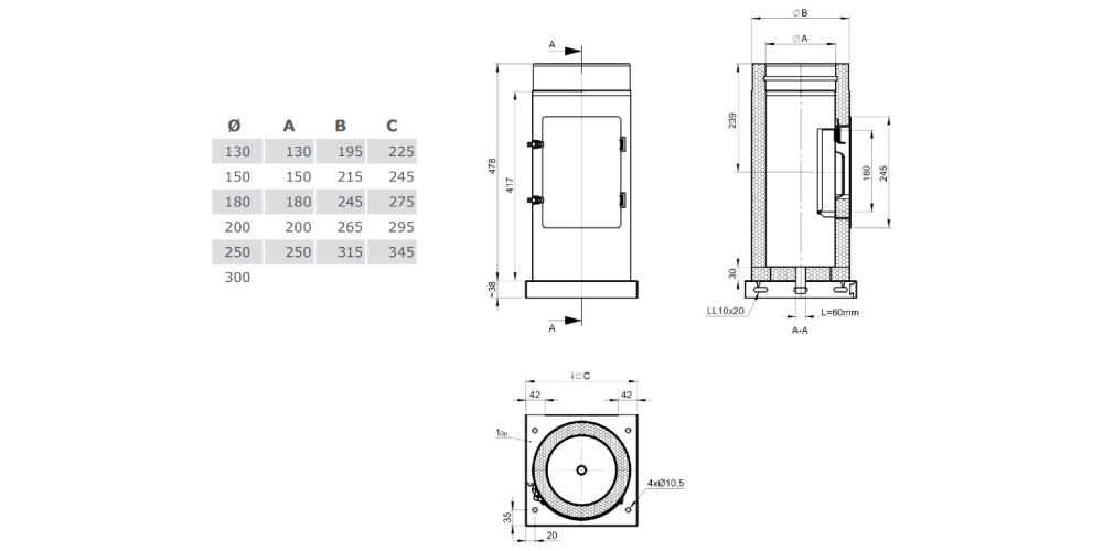 Edelstahlschornstein - Reinigungselement Design Plus mit Grundplatte und Kondensatablauf unten (Außenbereich) - doppelwandig - Jeremias DW-Vision