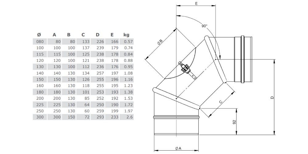 Edelstahlschornstein - Winkel drehbar 0 - 90° mit Revisionsöffnung - einwandig - Jeremias EW-FU