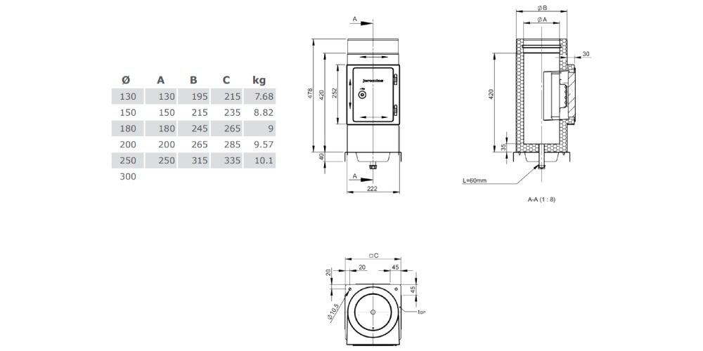 Edelstahlschornstein - Reinigungselement mit integrierter Grundplatte und Kondensatablauf unten - doppelwandig - Jeremias DW-Vision