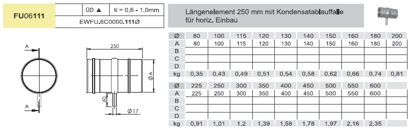 Edelstahlschornstein - Längenelement 200 mm mit Kondensatfalle für horizontalen Einbau und 1/2“ Nippel - einwandig - Jeremias EW-FU