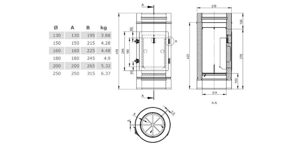 Kupferschornstein - Reinigungselement Design Plus mit Kugelfang und Rußtopf - doppelwandig - Jeremias DW-FU
