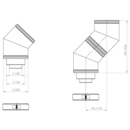 LAS-Schornstein - Bogen 45° Ø200/150/100 mm, isoliert, segmentiert - DRU LAS ES-E 200/150/100