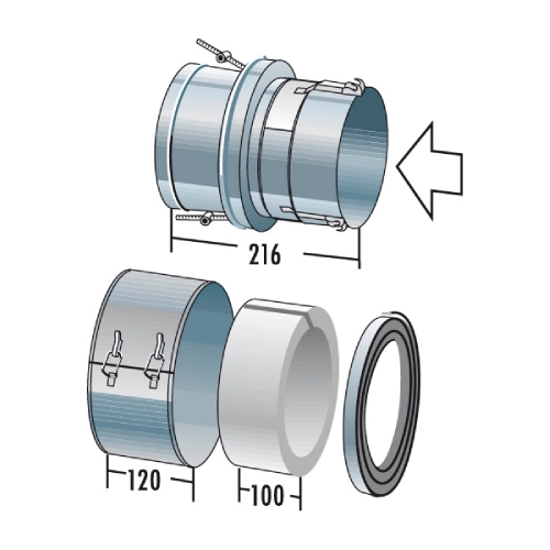 Edelstahlschornstein - V-Anschluss von EW-Alkon auf DW-Alkon (in Abgasrichtung) - doppelwandig - Raab DW-Alkon