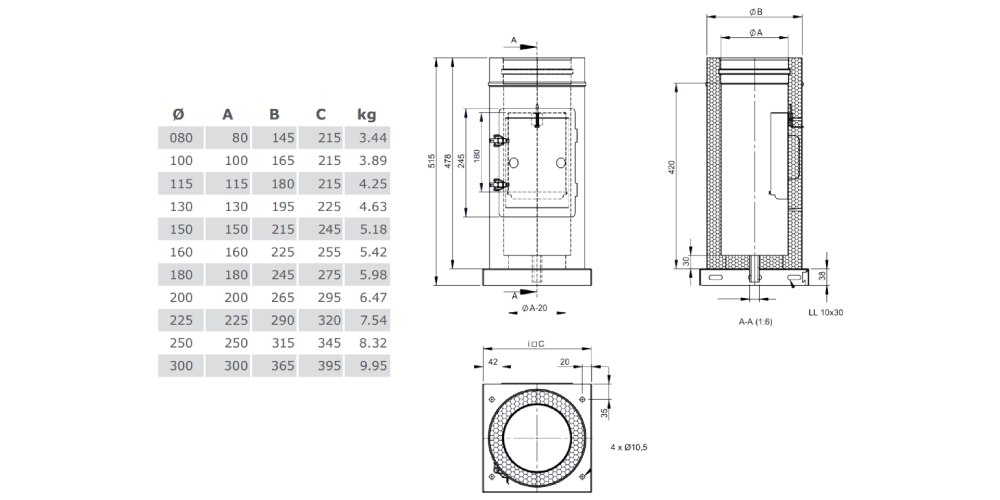 Kupferschornstein - Reinigungselement Design Plus mit integrierter Grundplatte und Kondensatablauf unten - Jeremias DW-FU