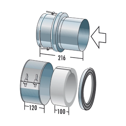 Edelstahlschornstein - V-Anschluss von EW Steckende glatt auf DW-Alkon (in Abgasrichtung) - doppelwandig - Raab DW-Alkon