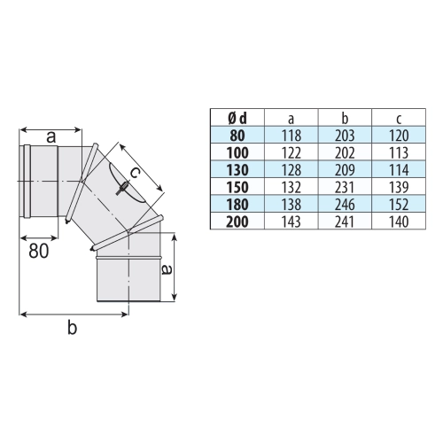 Edelstahlschornstein - Verstellbogen 0-90° mit Prüföffnung, Vitondichtung, Klemmband, max. 200°C - einwandig - eka complex E