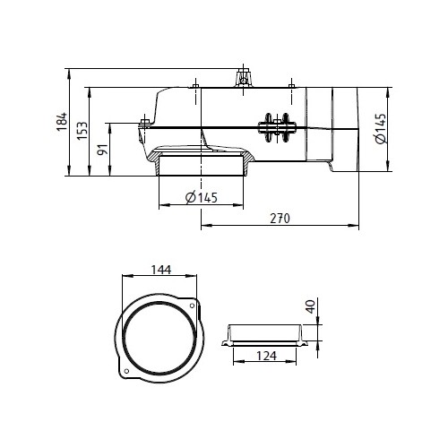 Kaminzubehör Leda - Waagerechter Guss-Heizgasstutzen Ø 145/145 mm+Heizgasstutzen Ø145 mm